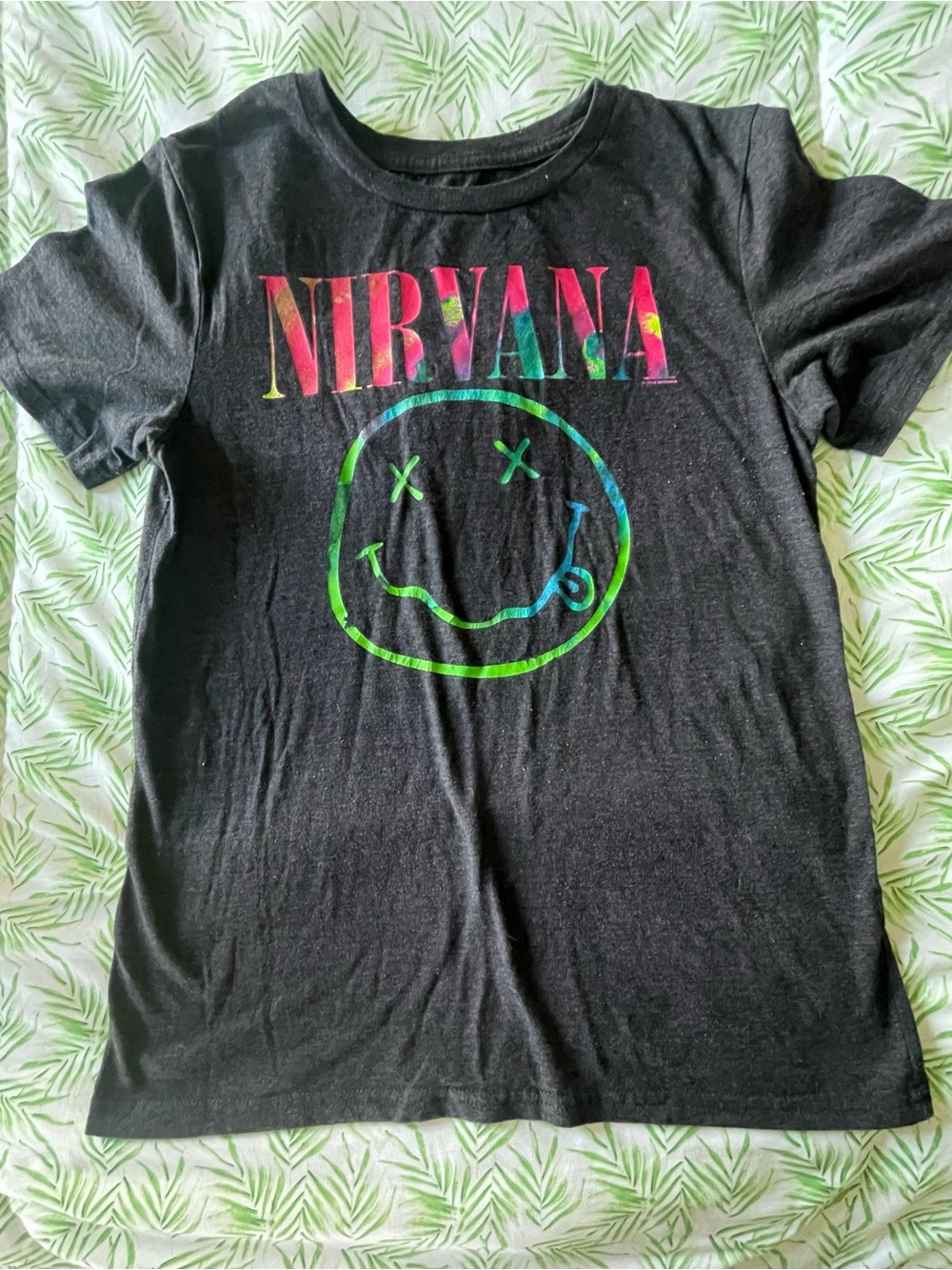 NIRVANA Black Tee with Neon Rainbow Logo and Smiley